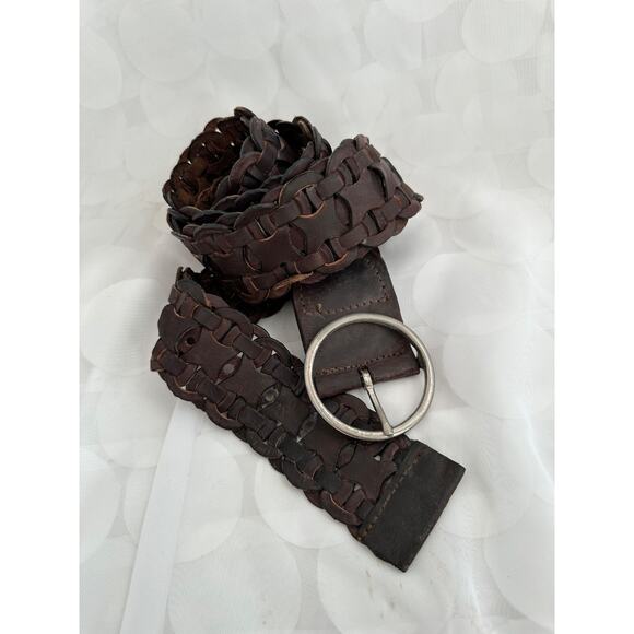 Womens XXL WIDE Brown Woven Hip Belt Genuine Leather Huge silver Buckle Boho - Picture 2 of 6